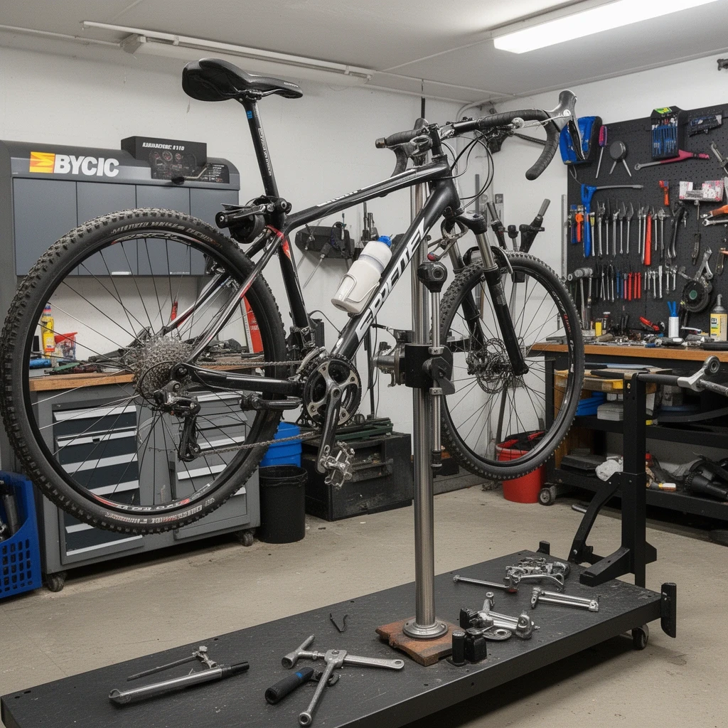 自転車全体点検中の整備台